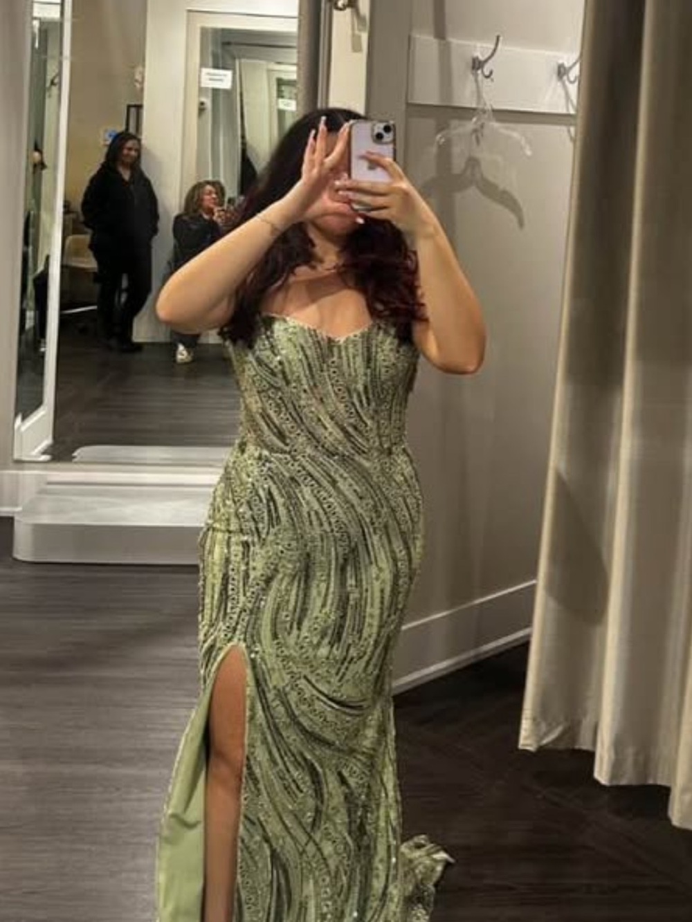 Green strapless evening gown dress Dressroom boutique